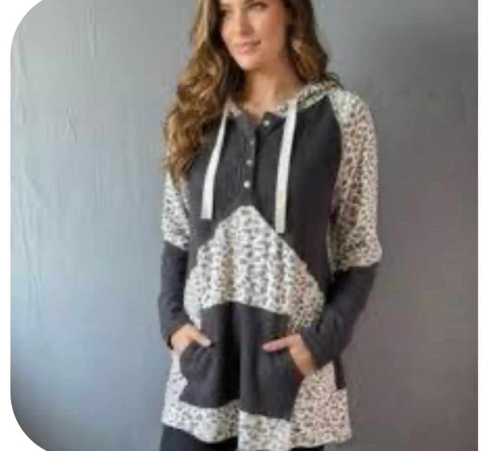 POL Leopard Print Gray Waffle Knit Thermal Mixed Panel Hooded Top